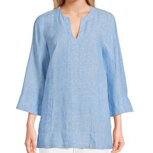 Lands End Womens Linen Split Neck 3Q Tunic Soft Blue Linen